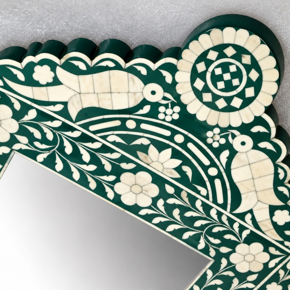 Handmade Green Floral Bone Inlay Mirror – Peacock Decorative Wall Mirror