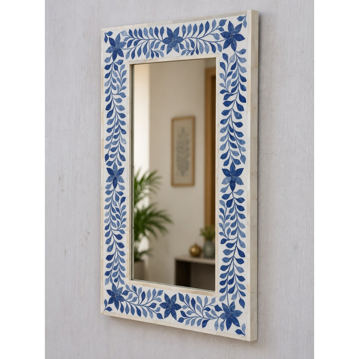 Handmade Blue Floral Bone Inlay Mirror – Rectangular Decorative Wall Mirror