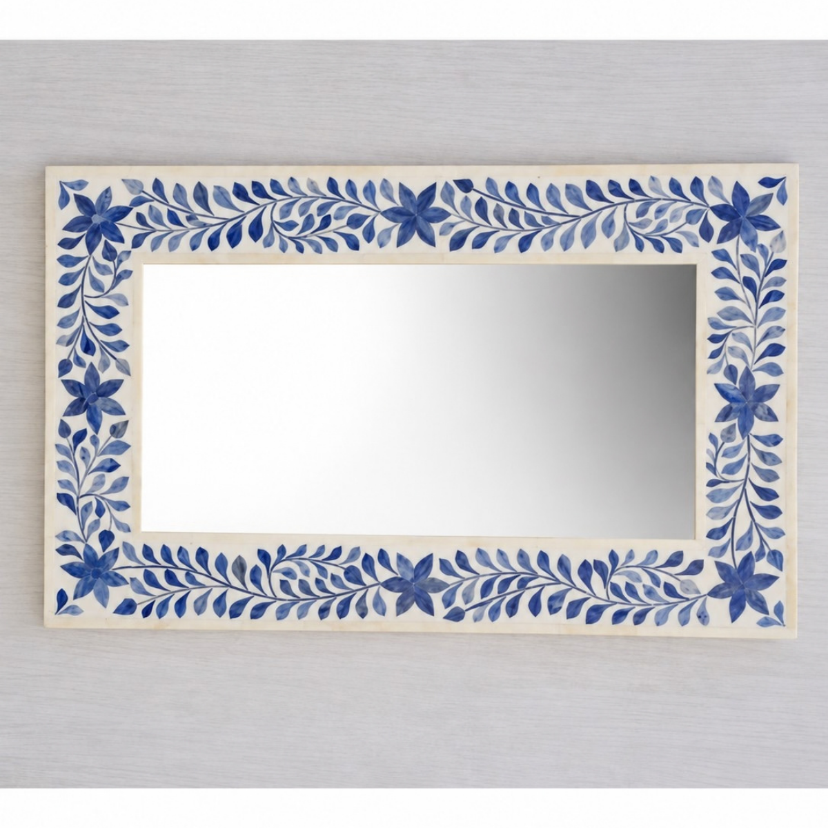 Handmade Blue Floral Bone Inlay Mirror – Rectangular Decorative Wall Mirror