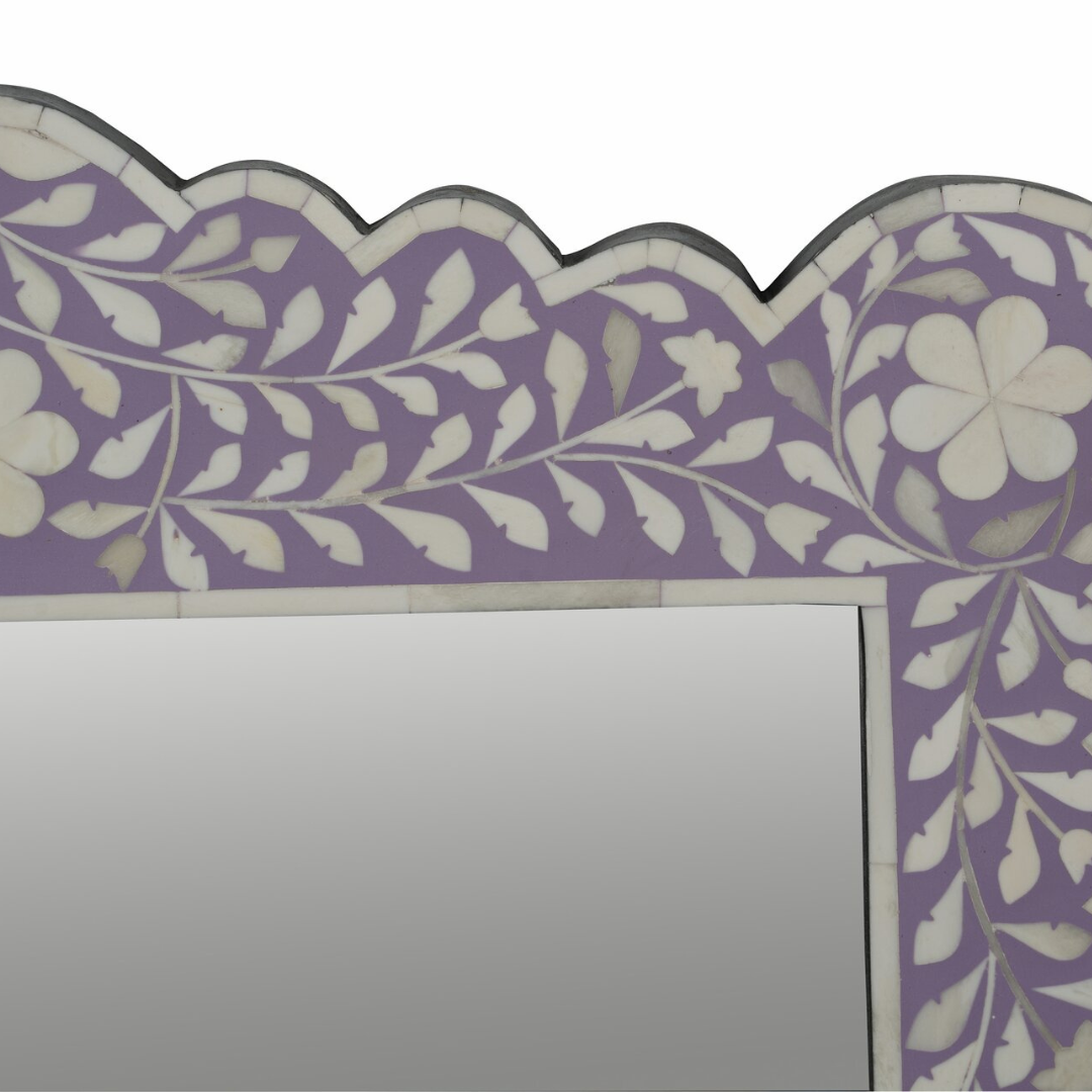 Purple Floral Bone Inlay Mirror Scalloped Frame Handmade Decorative Wall Mirror Luxury Home Decor