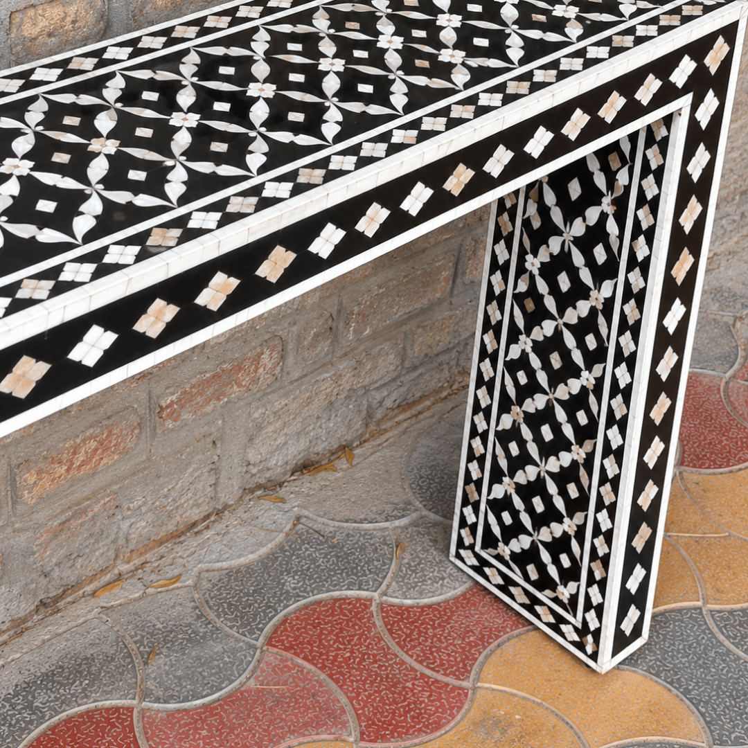 Black Mother of Pearl Inlay Console Table – Handmade Geometric Waterfall Entryway Table