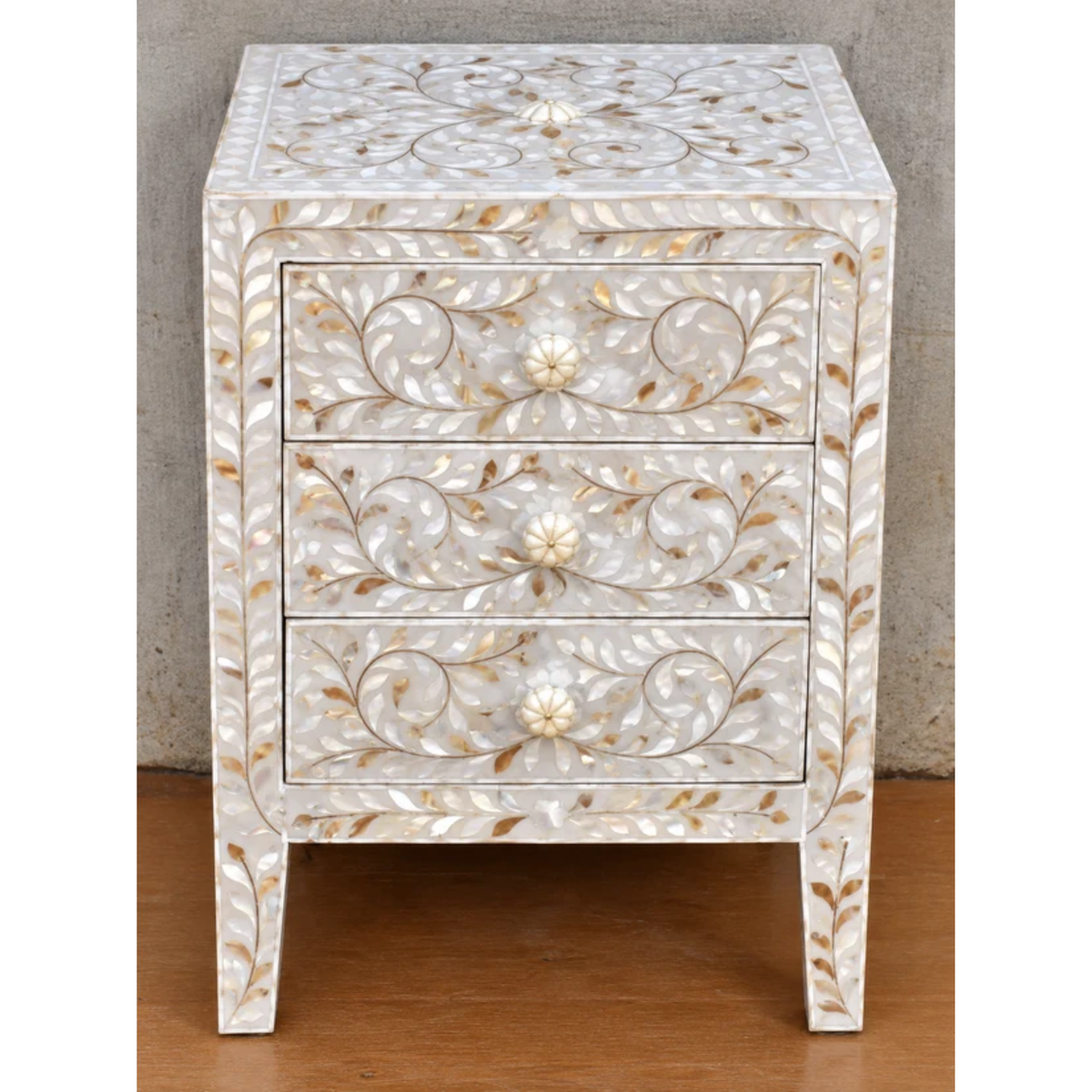 White Mother of Pearl Bedside Table – Handmade Floral Inlay Nightstand with 3 Drawers