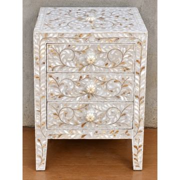 White Mother of Pearl Bedside Table – Handmade Floral Inlay Nightstand with 3 Drawers