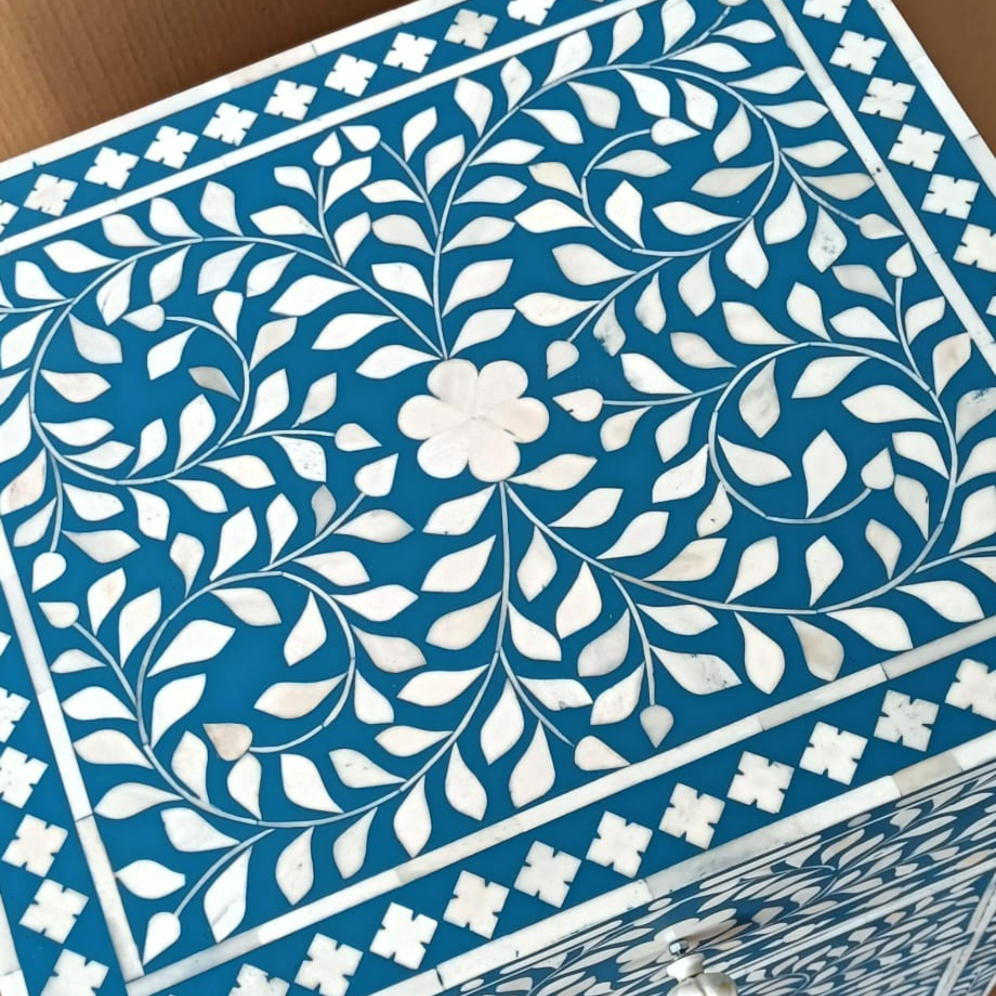 Set of 2 Handmade Blue Bone Inlay Bedside Tables – Floral Pattern Nightstands