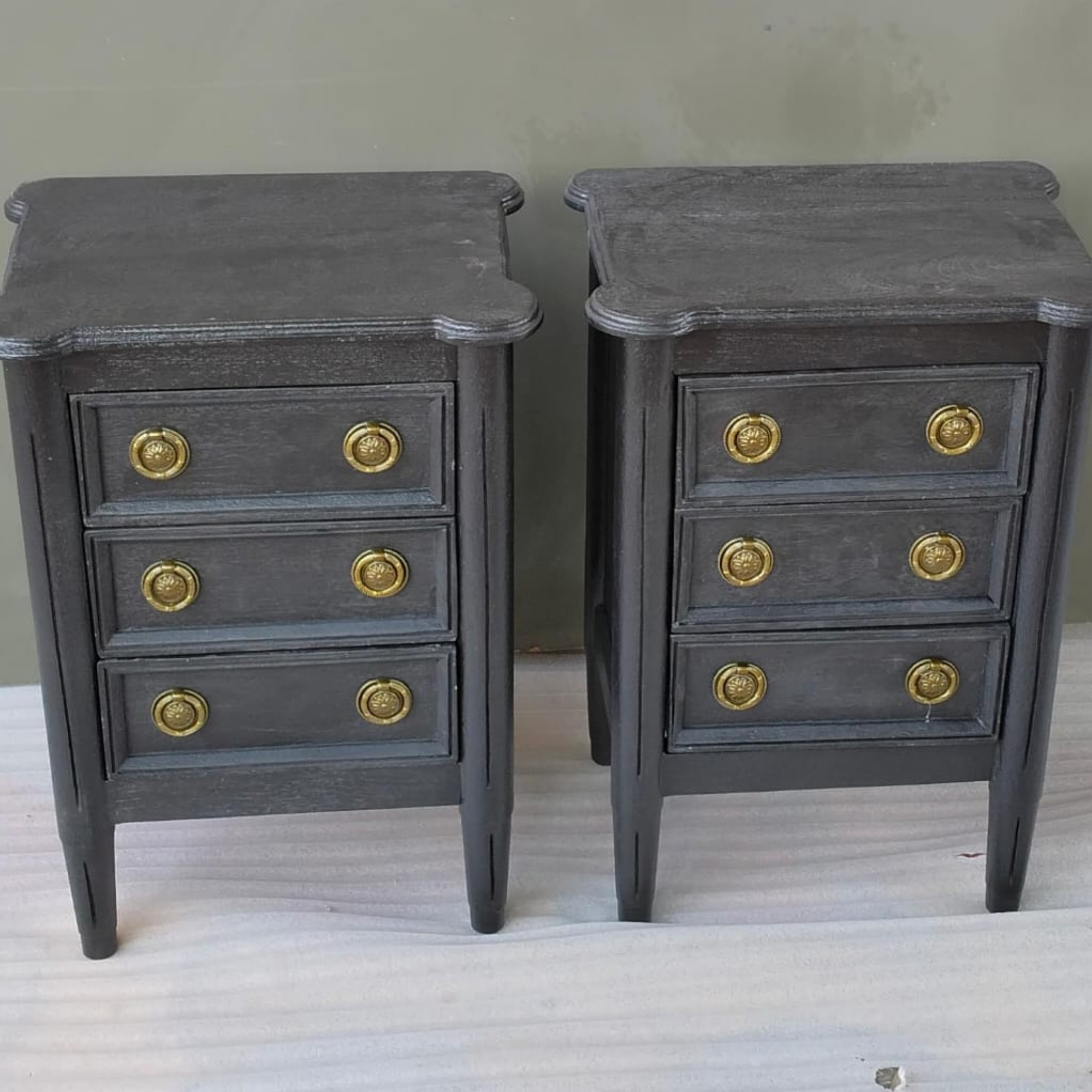 Black Wooden 3 Drawer Bedside Table Set of 2 | Handmade Nightstand with Brass Knobs