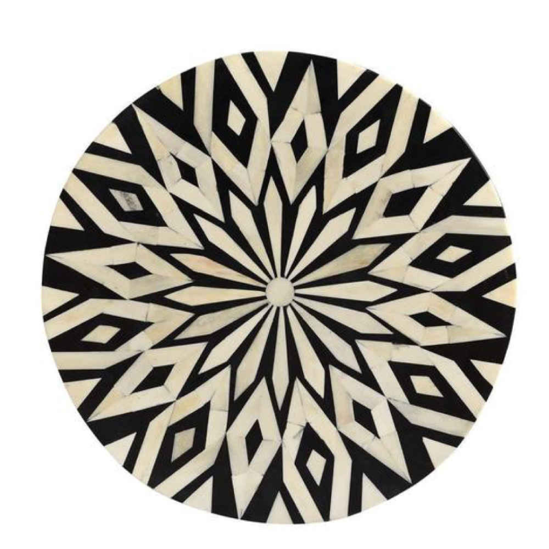 Handmade Bone Inlay Round End Table Black Diamond Geometric Pattern Accent Side Table Modern Luxury Furniture
