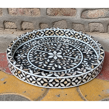 Black Mother of Pearl Inlay Round Serving Tray – Handmade Floral Decorative Tray