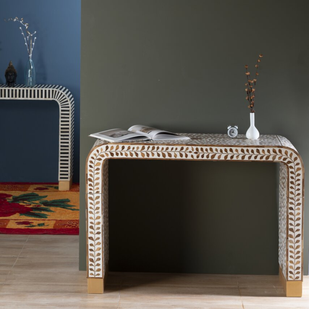 Handmade Floral Bone Inlay Arch Console Table | Curved Designer Console