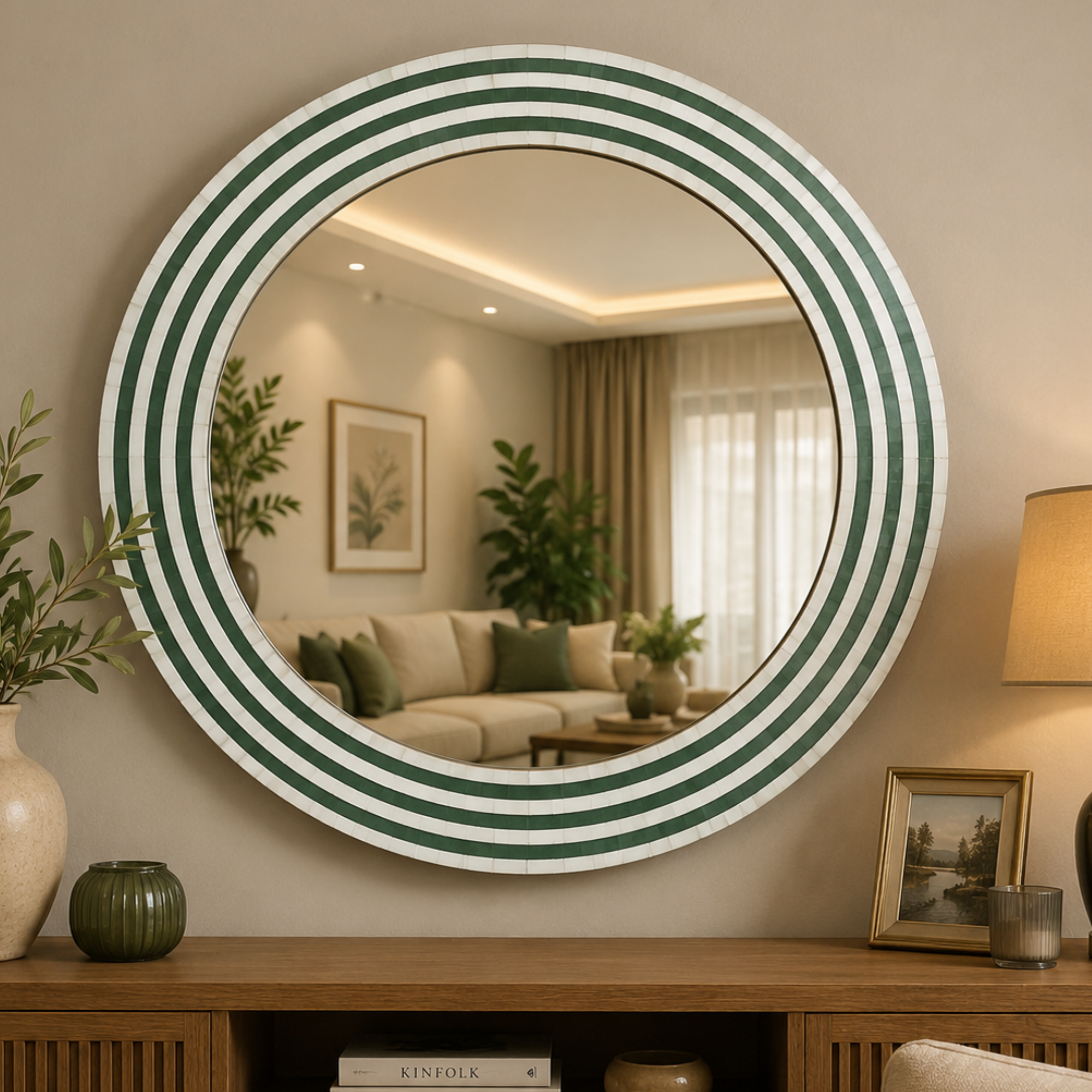 Handmade Green Bone Inlay Round Mirror Frame | Luxury Wall Mirror