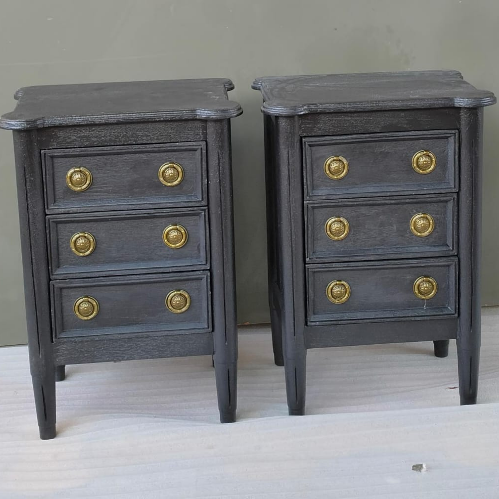 Black Wooden 3 Drawer Bedside Table Set of 2 | Handmade Nightstand with Brass Knobs