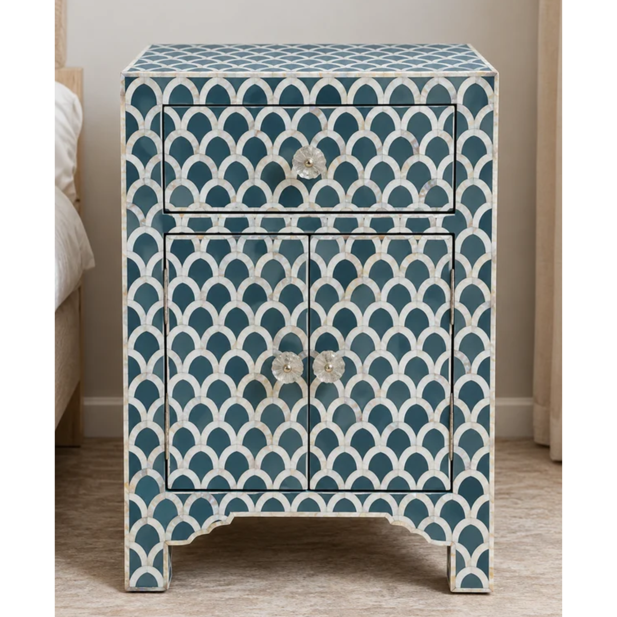 Teal Blue Mother of Pearl Bedside Cabinet – Handmade Scallop Inlay Nightstand with Drawer & 2 Doors