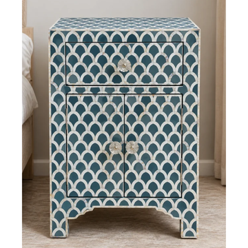 Teal Blue Mother of Pearl Bedside Cabinet – Handmade Scallop Inlay Nightstand with Drawer & 2 Doors