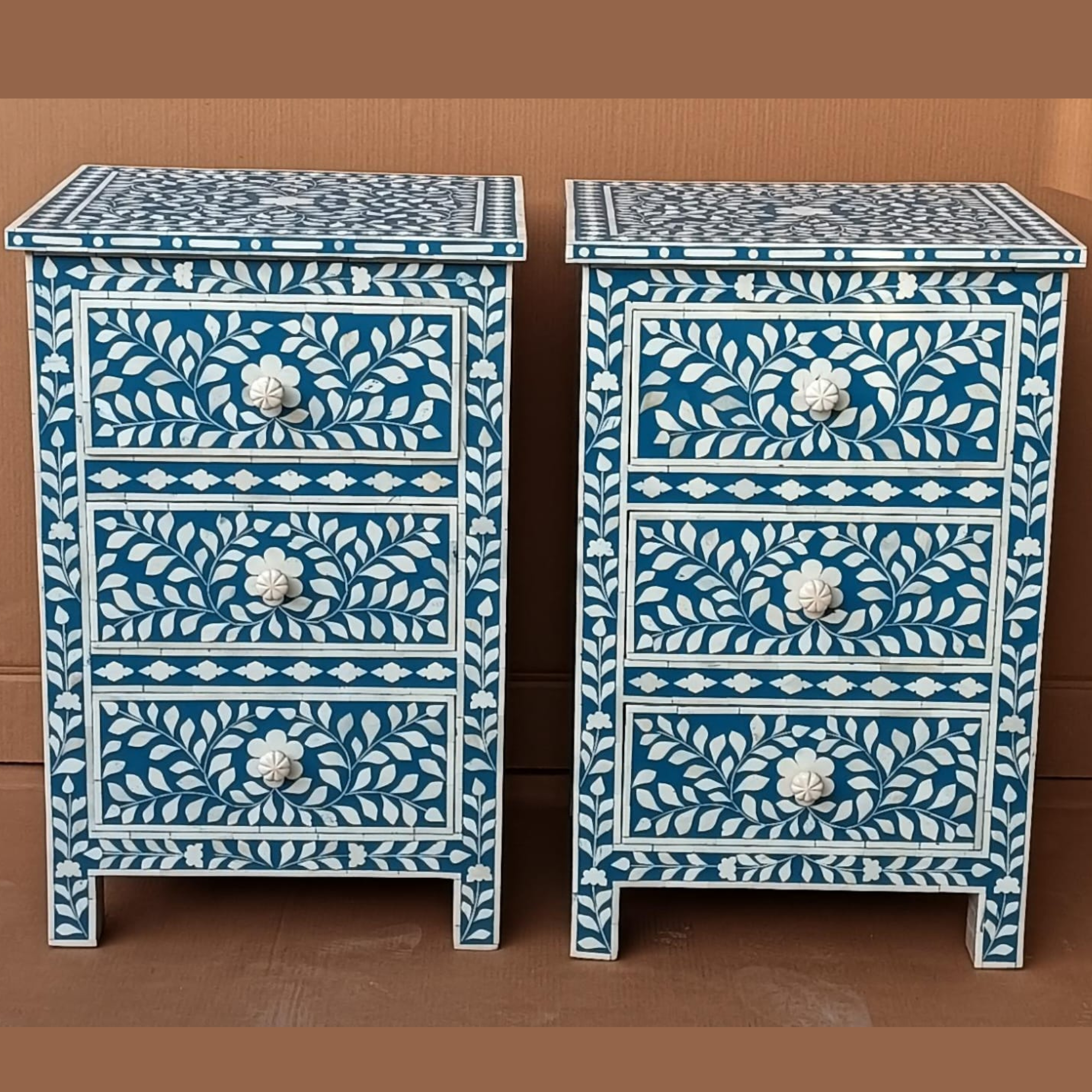 Set of 2 Handmade Blue Bone Inlay Bedside Tables – Floral Pattern Nightstands