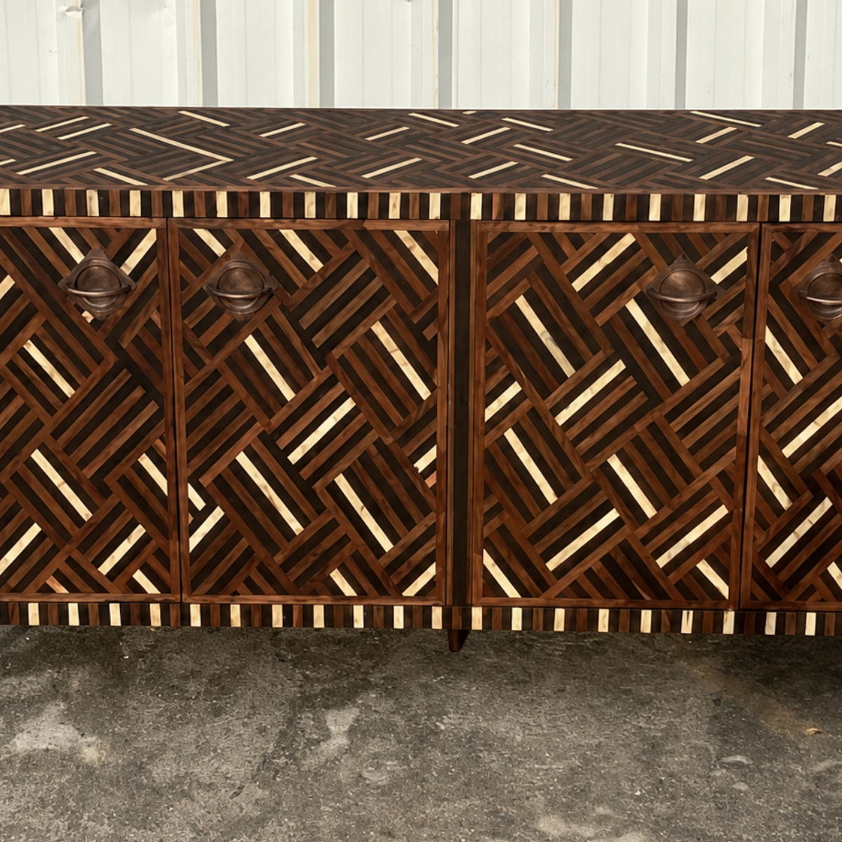 Handmade Brown & Ivory Bone Inlay Sideboard – Geometric 4 Door Credenza