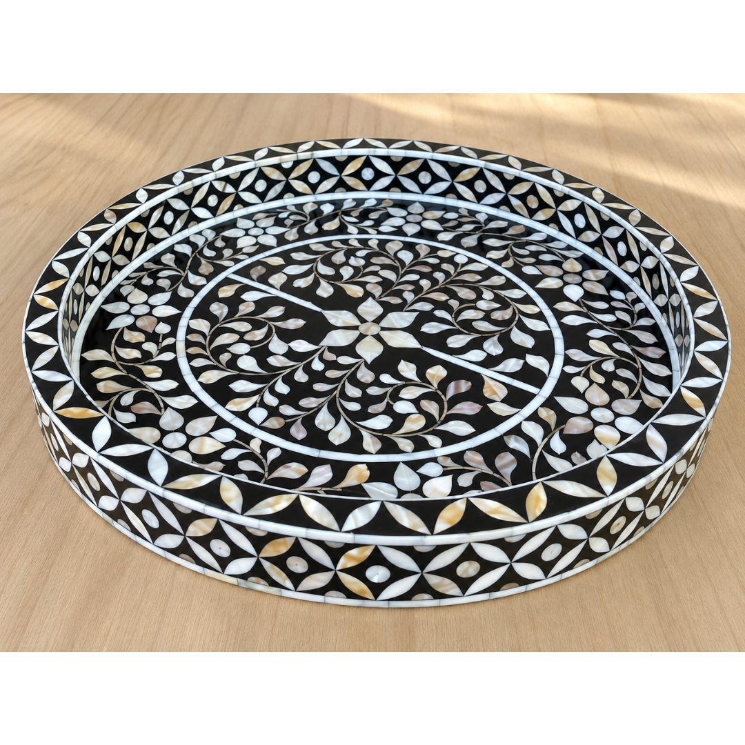 Black Mother of Pearl Inlay Round Serving Tray – Handmade Floral Decorative Tray