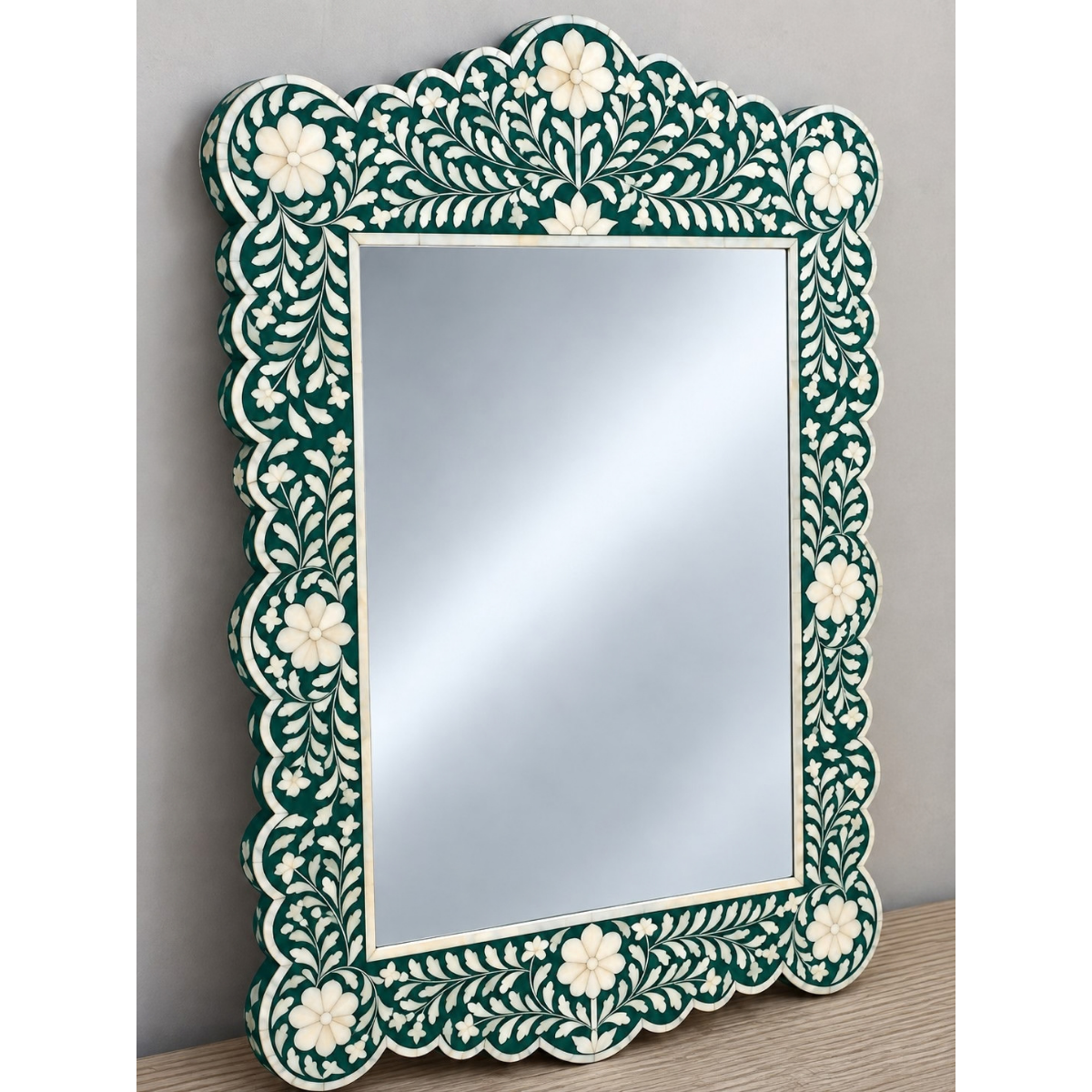 Handmade Green Bone Inlay Mirror – Floral Scalloped Rectangular Wall Mirror