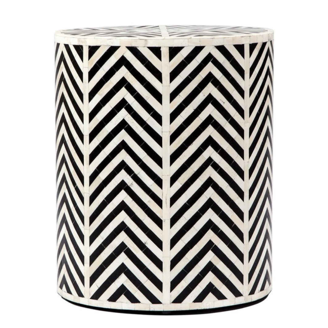 Handmade Bone Inlay Round End Table Black Chevron Zig Zag Pattern Modern Accent Side Table Luxury Furniture