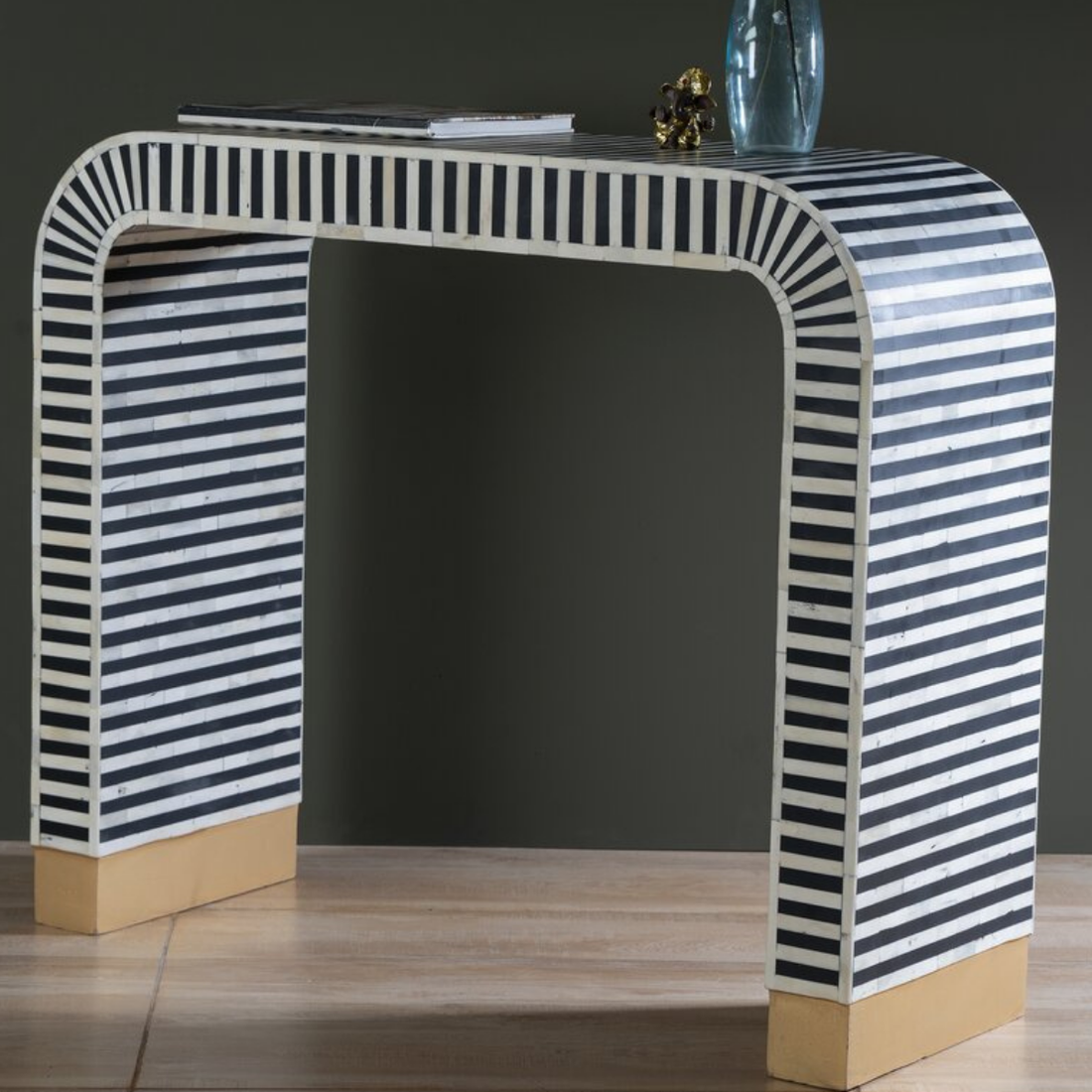 Handmade Black Stripe Bone Inlay Console Table | Modern Arch Waterfall Console