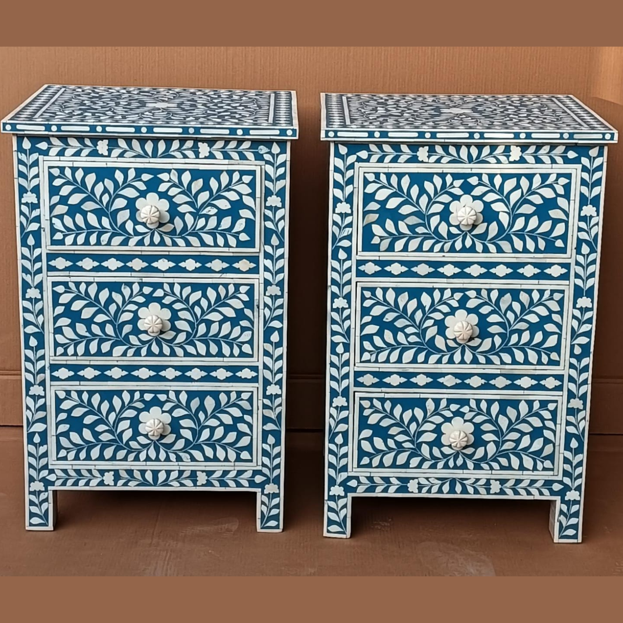 Set of 2 Handmade Blue Bone Inlay Bedside Tables – Floral Pattern Nightstands