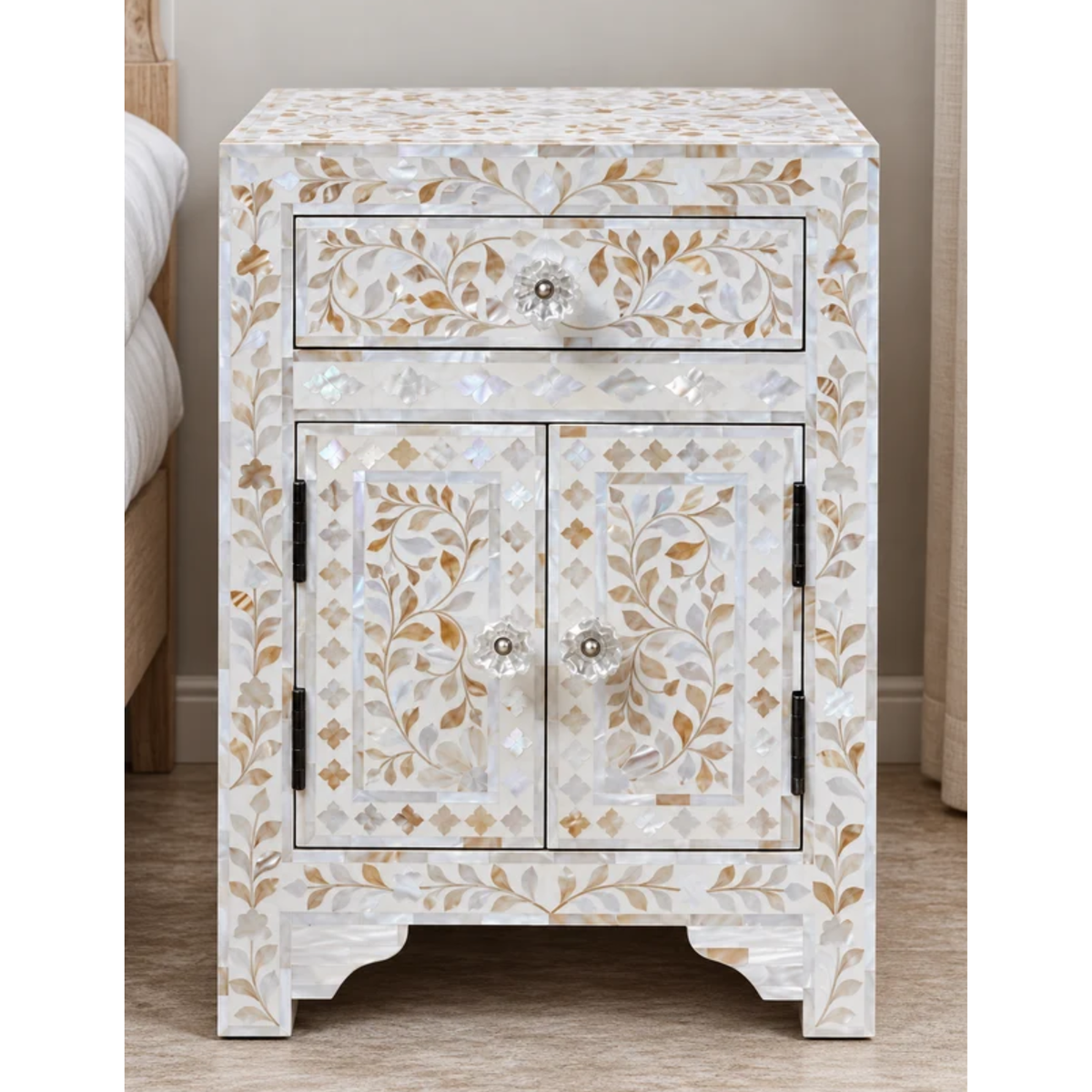 White Mother of Pearl Bedside Cabinet – Handmade Floral Inlay Nightstand with Drawer & 2 Doors