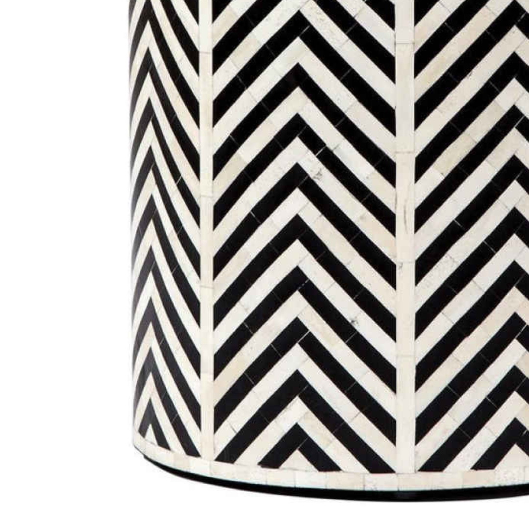 Handmade Bone Inlay Round End Table Black Chevron Zig Zag Pattern Modern Accent Side Table Luxury Furniture