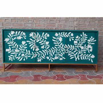Handmade Teal Bone Inlay Floral Sideboard Cabinet | Luxury Storage Console
