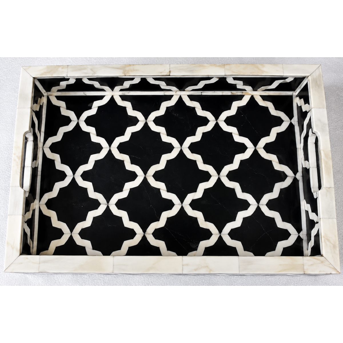 Handmade Black & White Bone Inlay Serving Tray – Moroccan Geometric Design