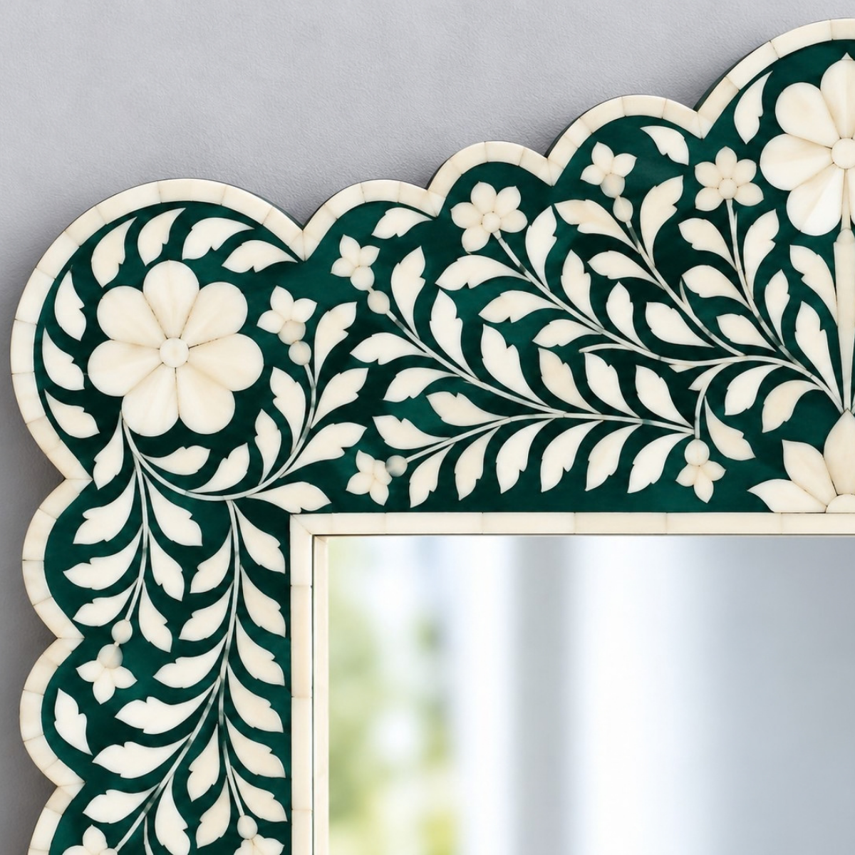 Handmade Green Bone Inlay Mirror – Floral Scalloped Rectangular Wall Mirror