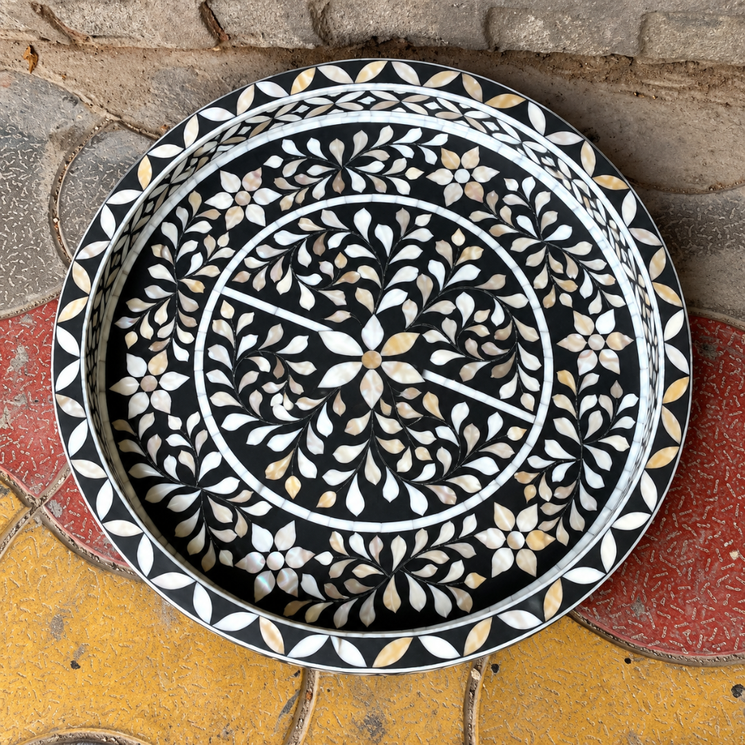 Black Mother of Pearl Inlay Round Serving Tray – Handmade Floral Decorative Tray