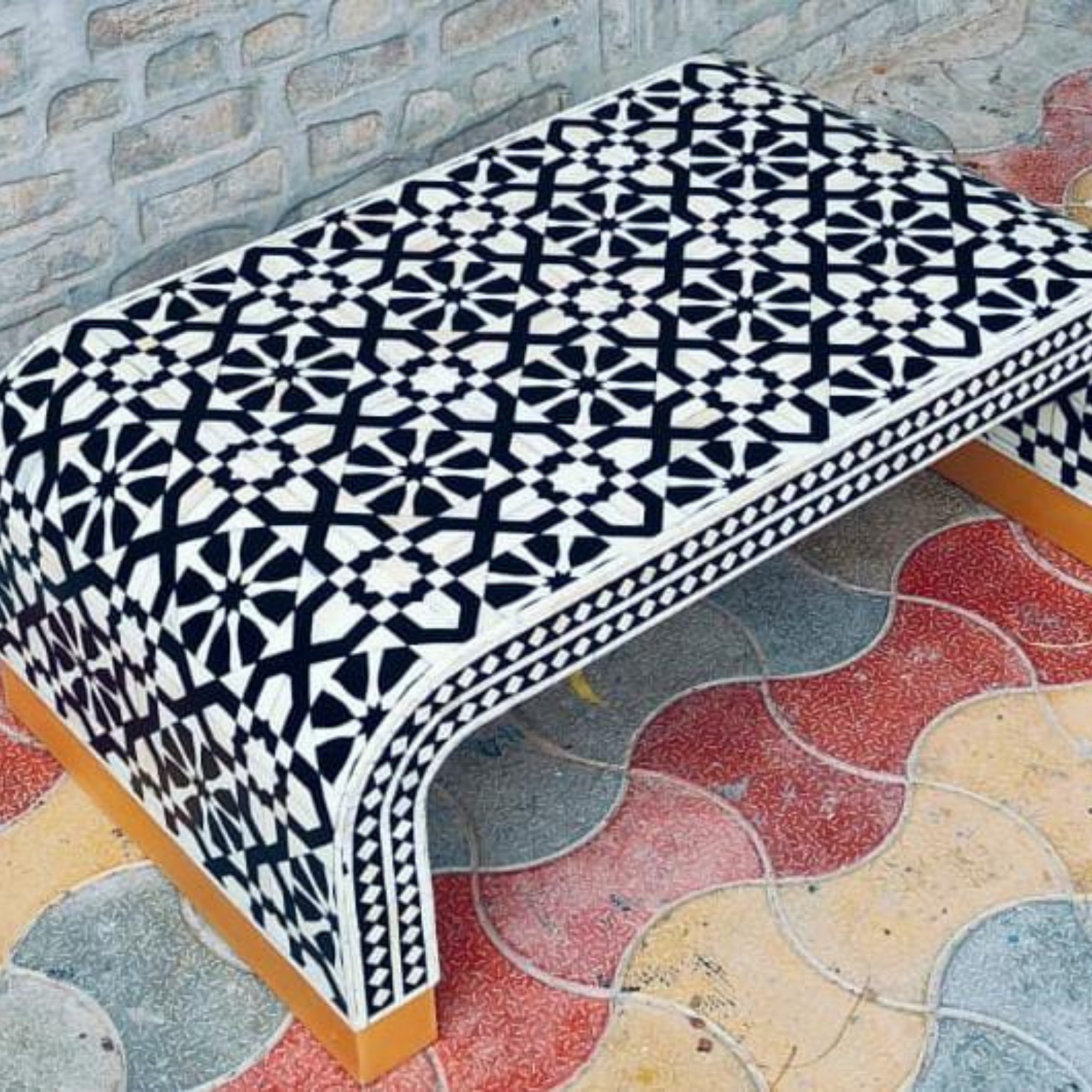 Handmade Black and White Bone Inlay Coffee Table | Waterfall Coffee Table