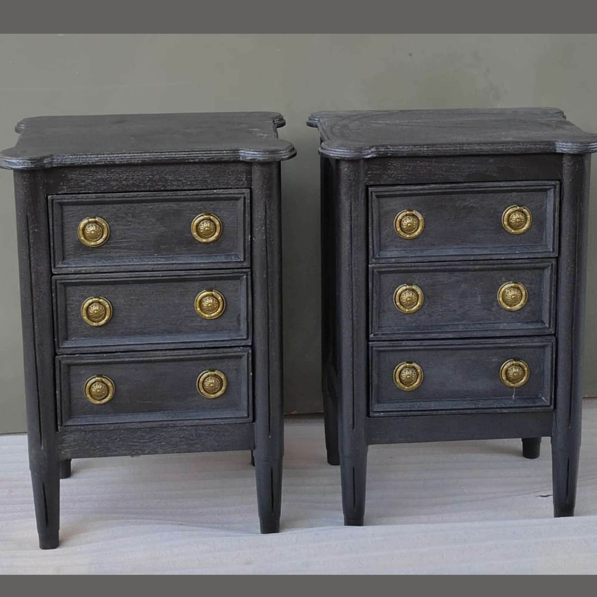 Black Wooden 3 Drawer Bedside Table Set of 2 | Handmade Nightstand with Brass Knobs
