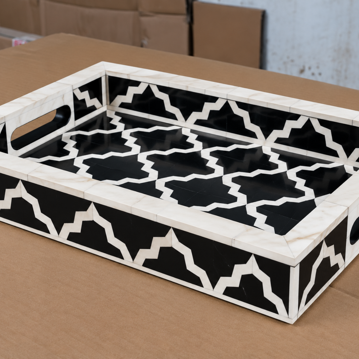 Handmade Black & White Bone Inlay Serving Tray – Moroccan Geometric Design