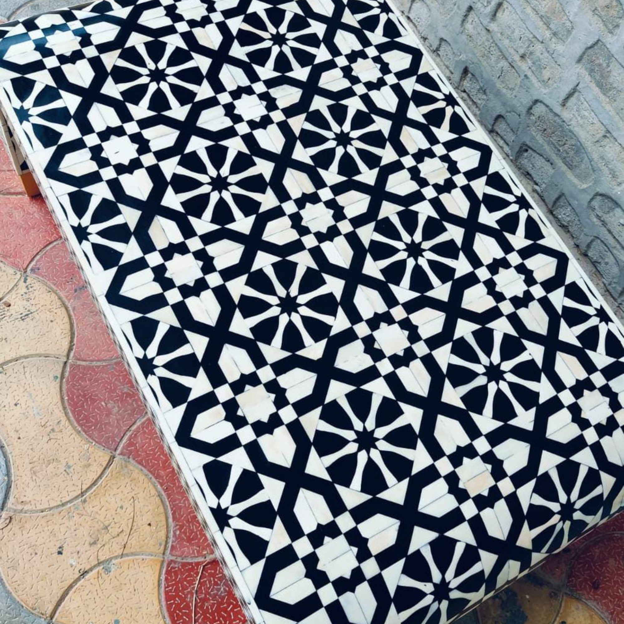 Handmade Black and White Bone Inlay Coffee Table | Waterfall Coffee Table
