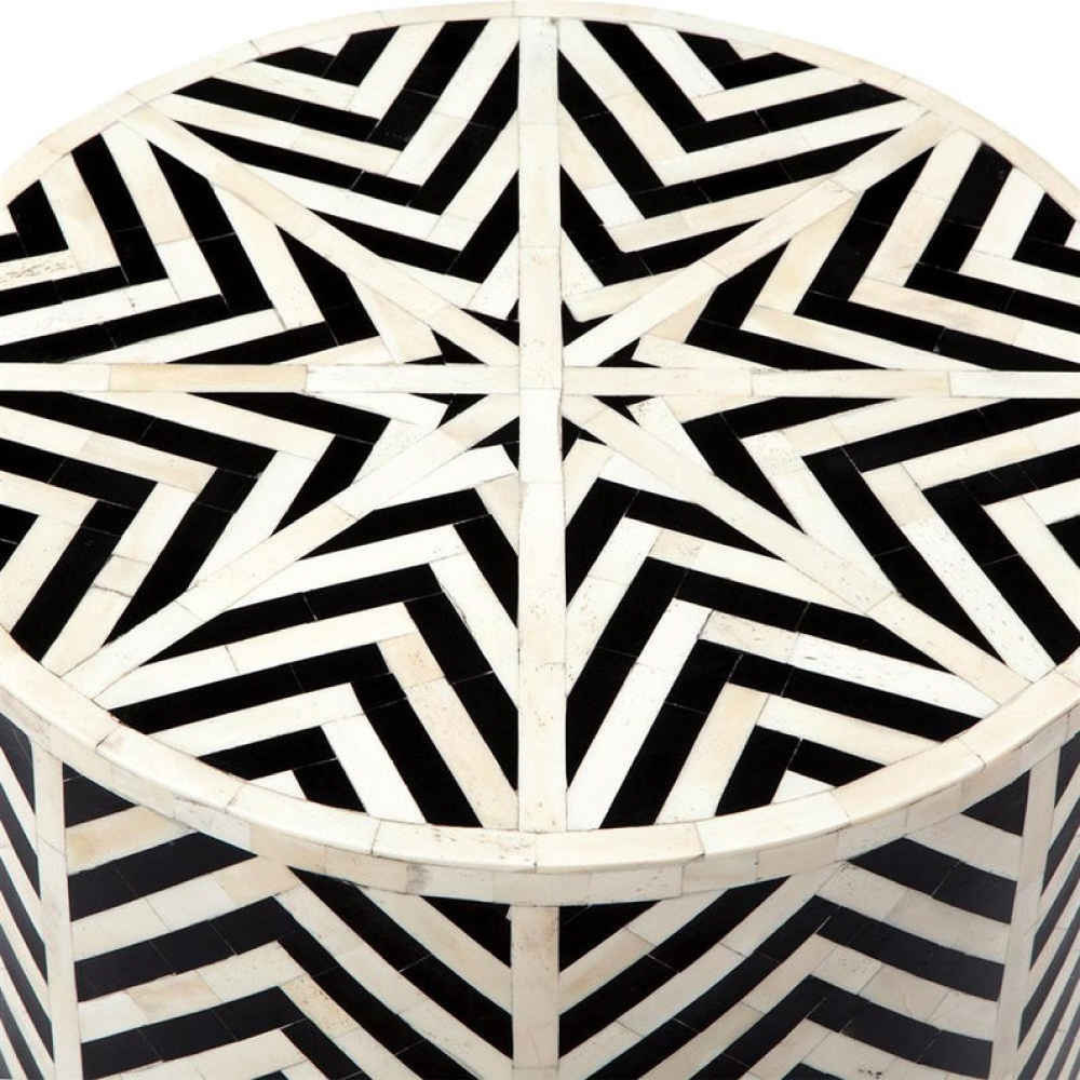 Handmade Bone Inlay Round End Table Black Chevron Zig Zag Pattern Modern Accent Side Table Luxury Furniture