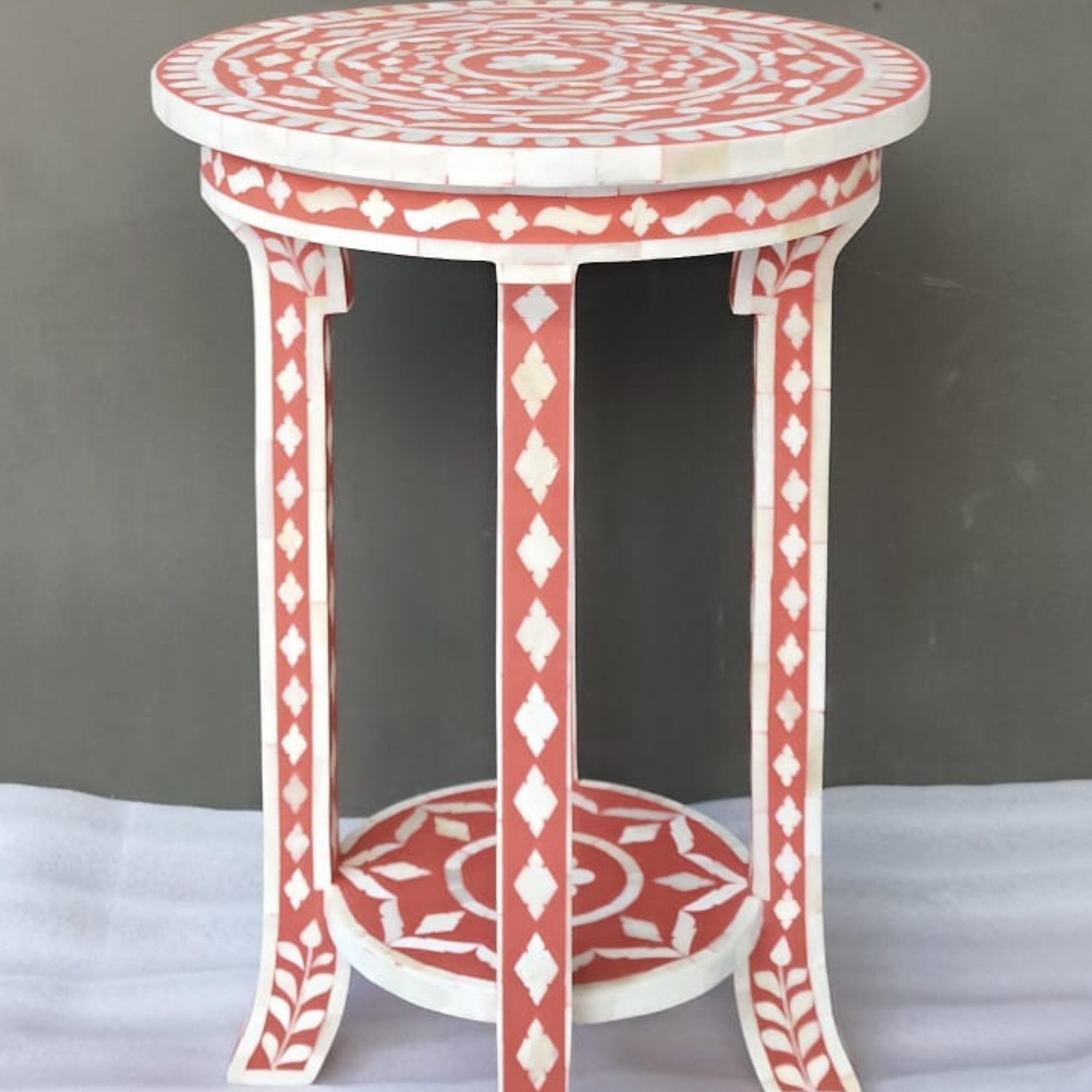 Coral Pink Bone Inlay Round Accent Table | Handmade Decorative End Table
