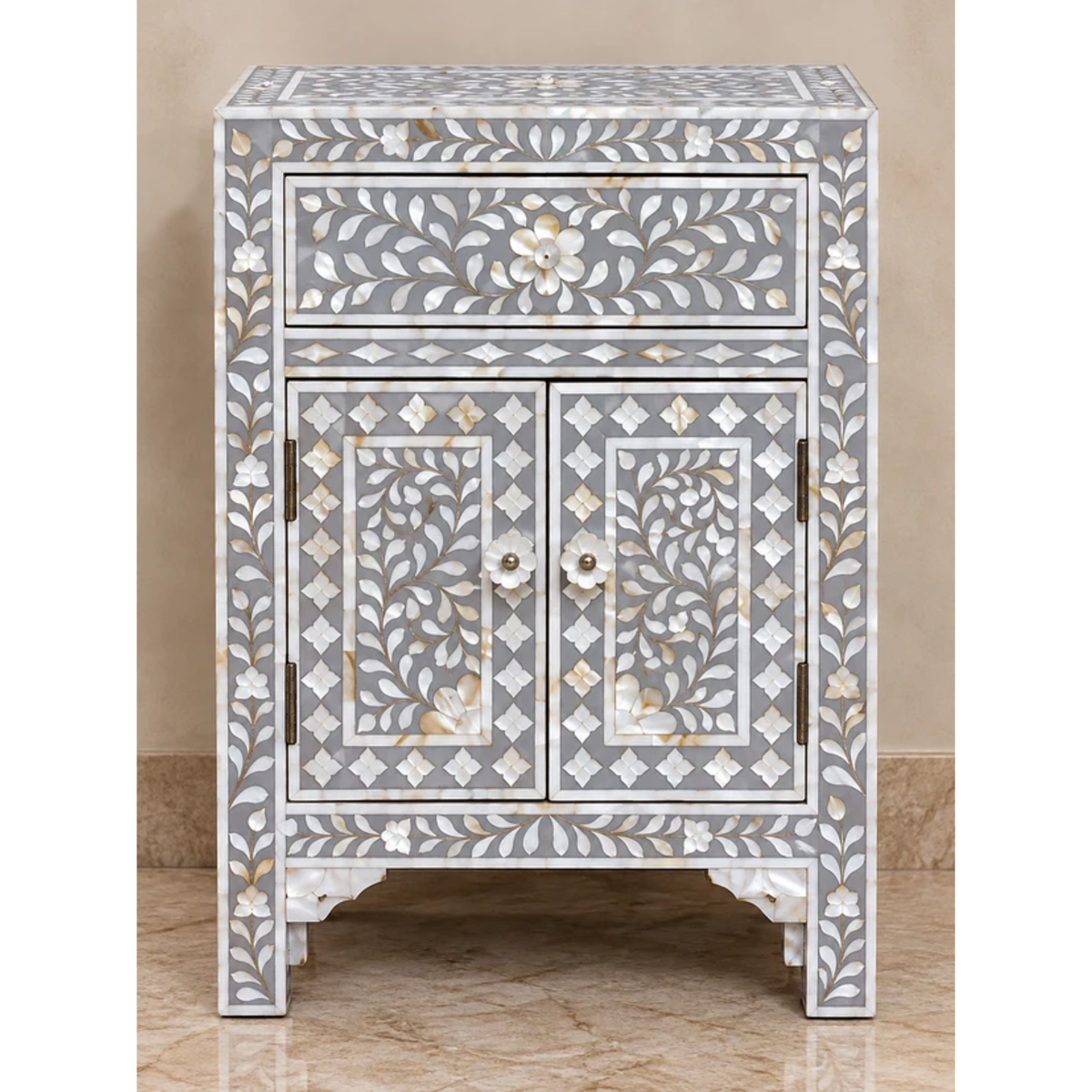 Grey Mother of Pearl Bedside Cabinet – Handmade Floral Inlay Nightstand with Drawer & 2 Doors