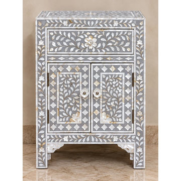 Grey Mother of Pearl Bedside Cabinet – Handmade Floral Inlay Nightstand with Drawer & 2 Doors