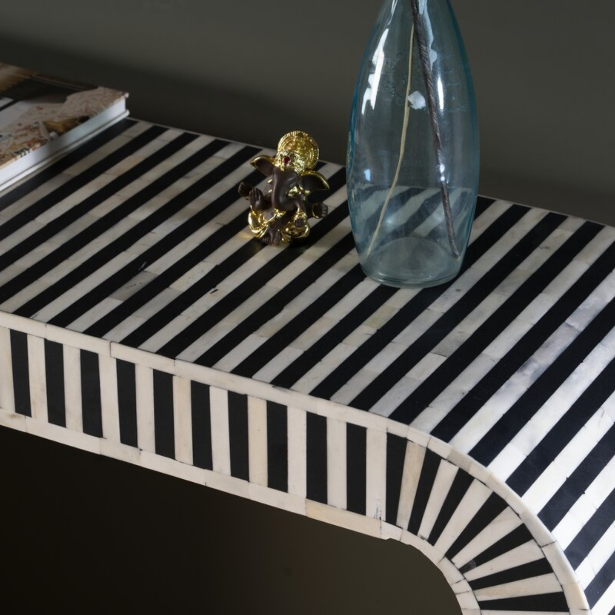 Handmade Black Stripe Bone Inlay Console Table | Modern Arch Waterfall Console