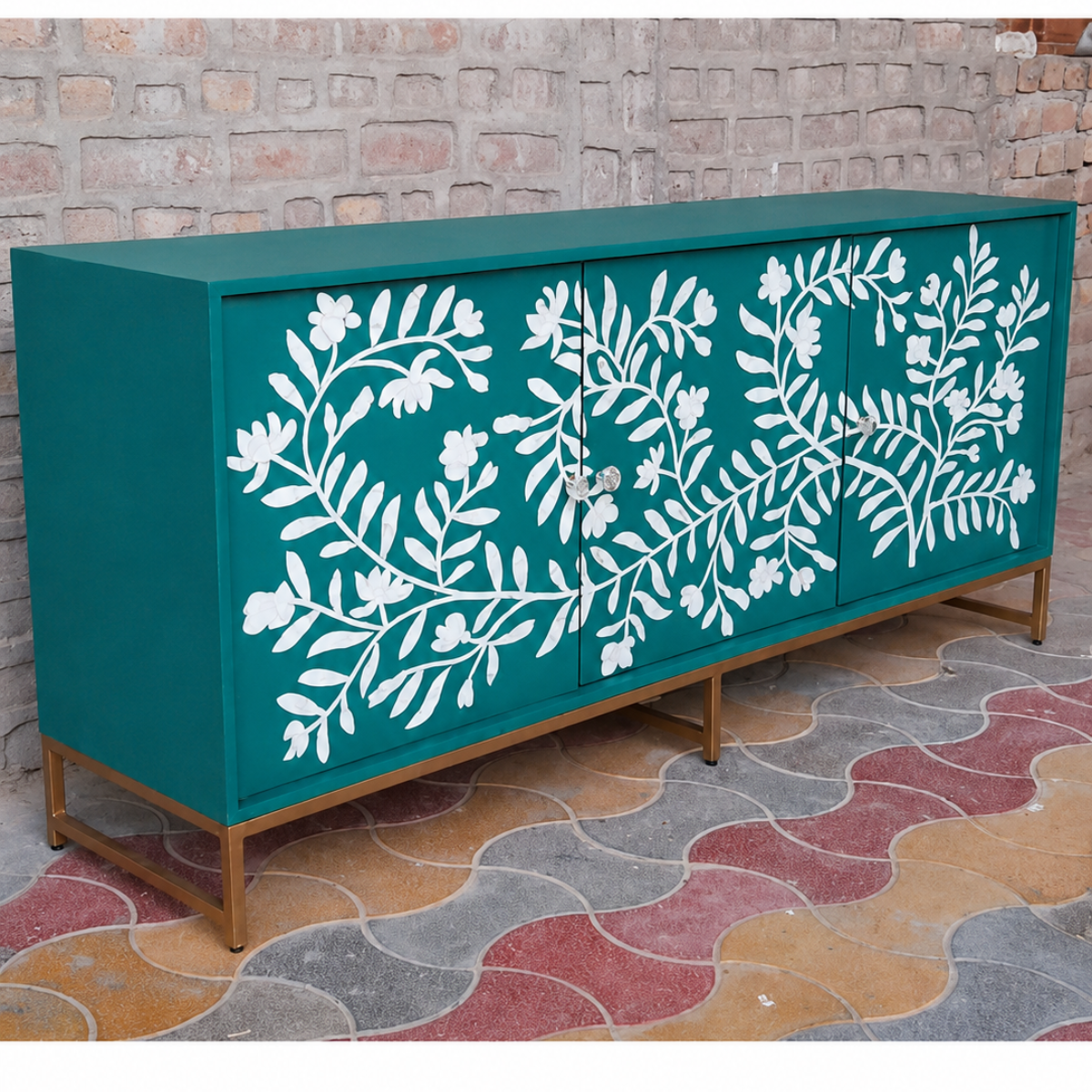 Handmade Teal Bone Inlay Floral Sideboard Cabinet | Luxury Storage Console
