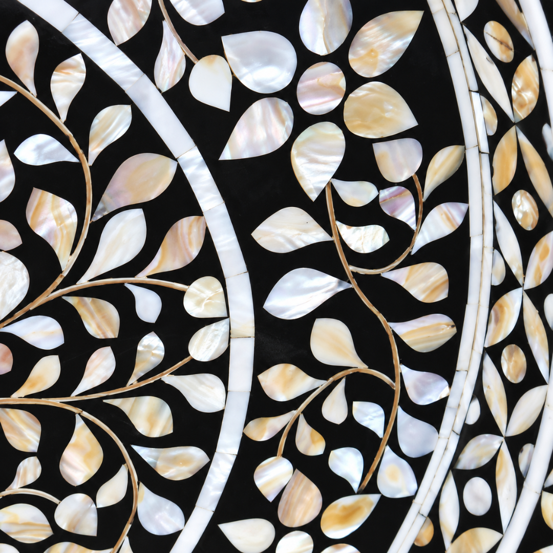 Black Mother of Pearl Inlay Round Serving Tray – Handmade Floral Decorative Tray