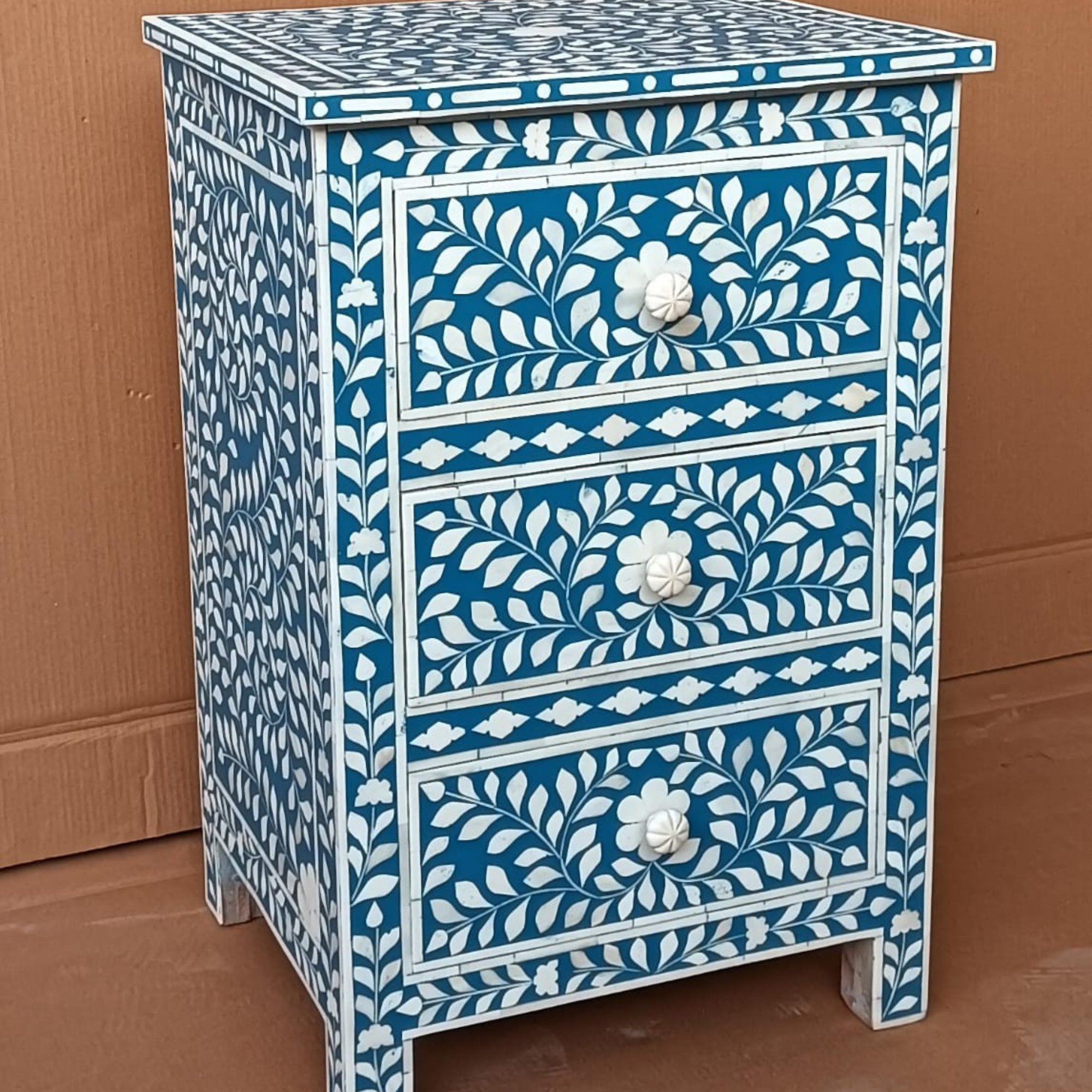 Set of 2 Handmade Blue Bone Inlay Bedside Tables – Floral Pattern Nightstands