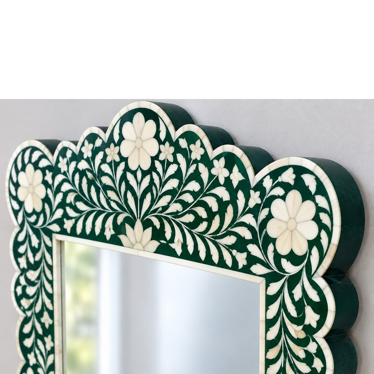 Handmade Green Bone Inlay Mirror – Floral Scalloped Rectangular Wall Mirror
