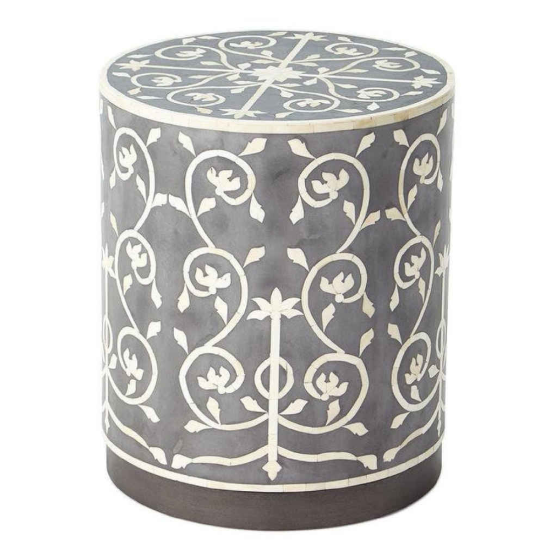 Handmade Bone Inlay Round End Table Grey Floral Vine Pattern Accent Side Table Luxury Decorative Furniture