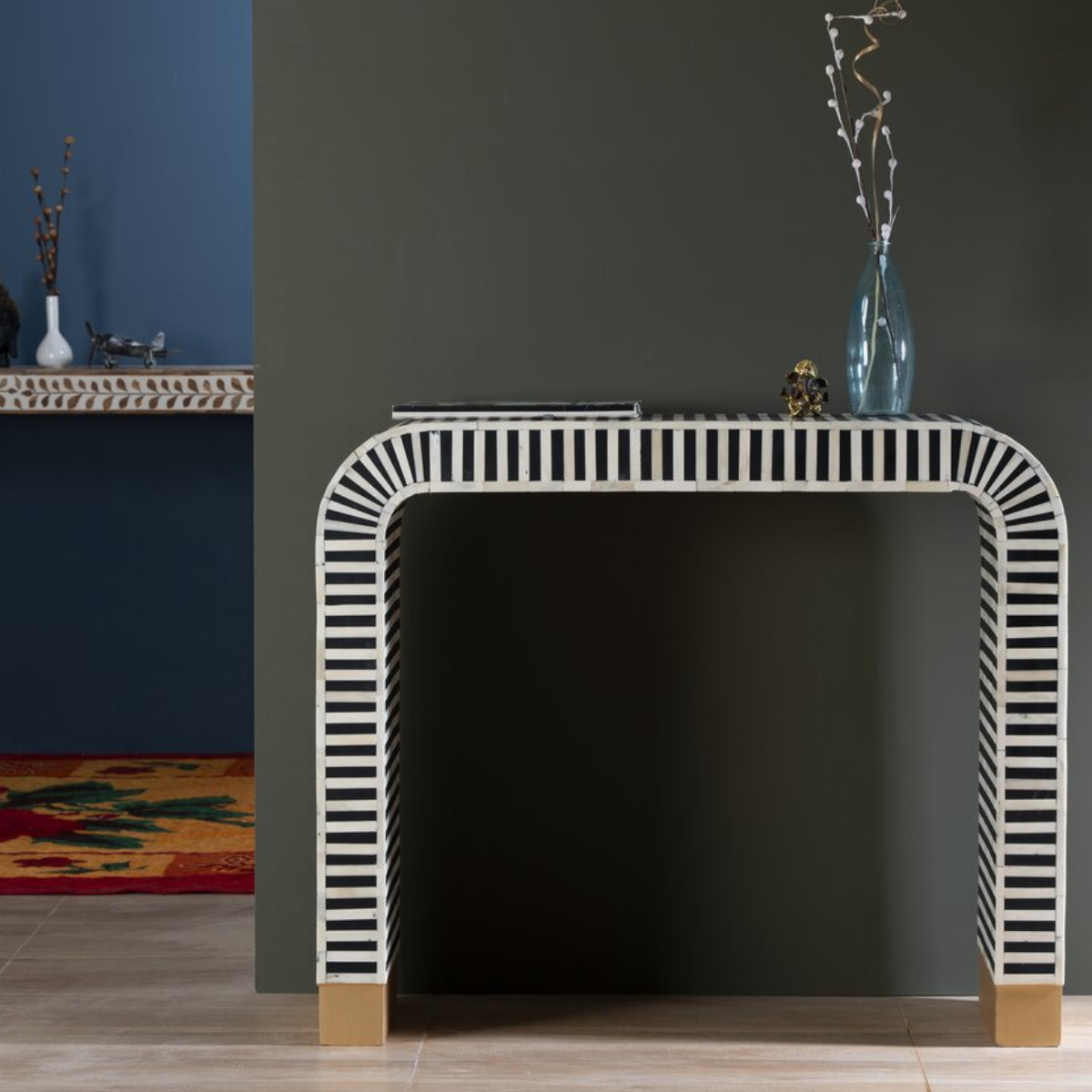 Handmade Black Stripe Bone Inlay Console Table | Modern Arch Waterfall Console