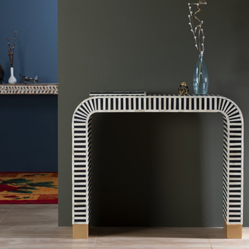 Handmade Black Stripe Bone Inlay Console Table | Modern Arch Waterfall Console