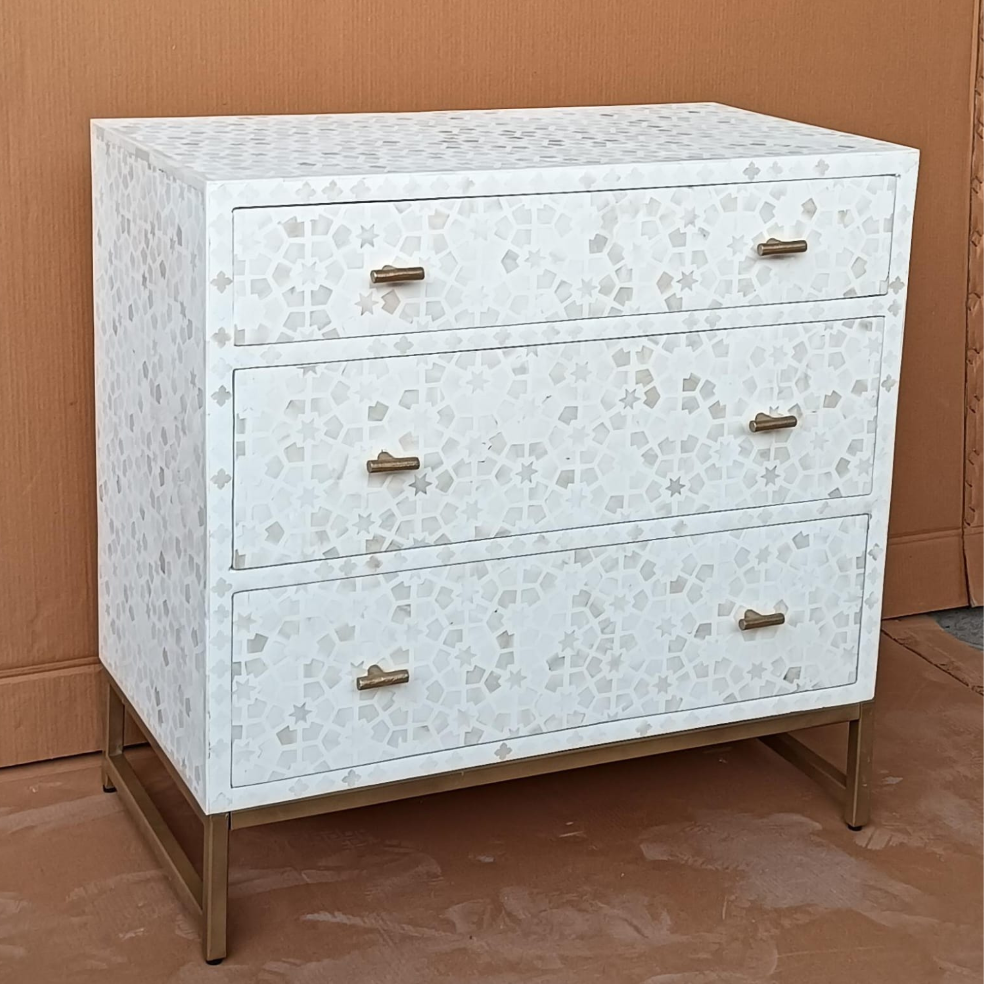 White Bone Inlay 3 Drawer Dresser Chest – Geometric Pattern Storage Cabinet