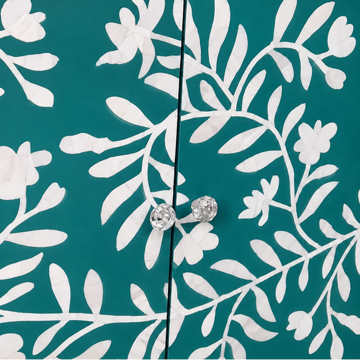 Handmade Teal & White Bone Inlay Sideboard – Floral 3 Door Credenza with Brass Base