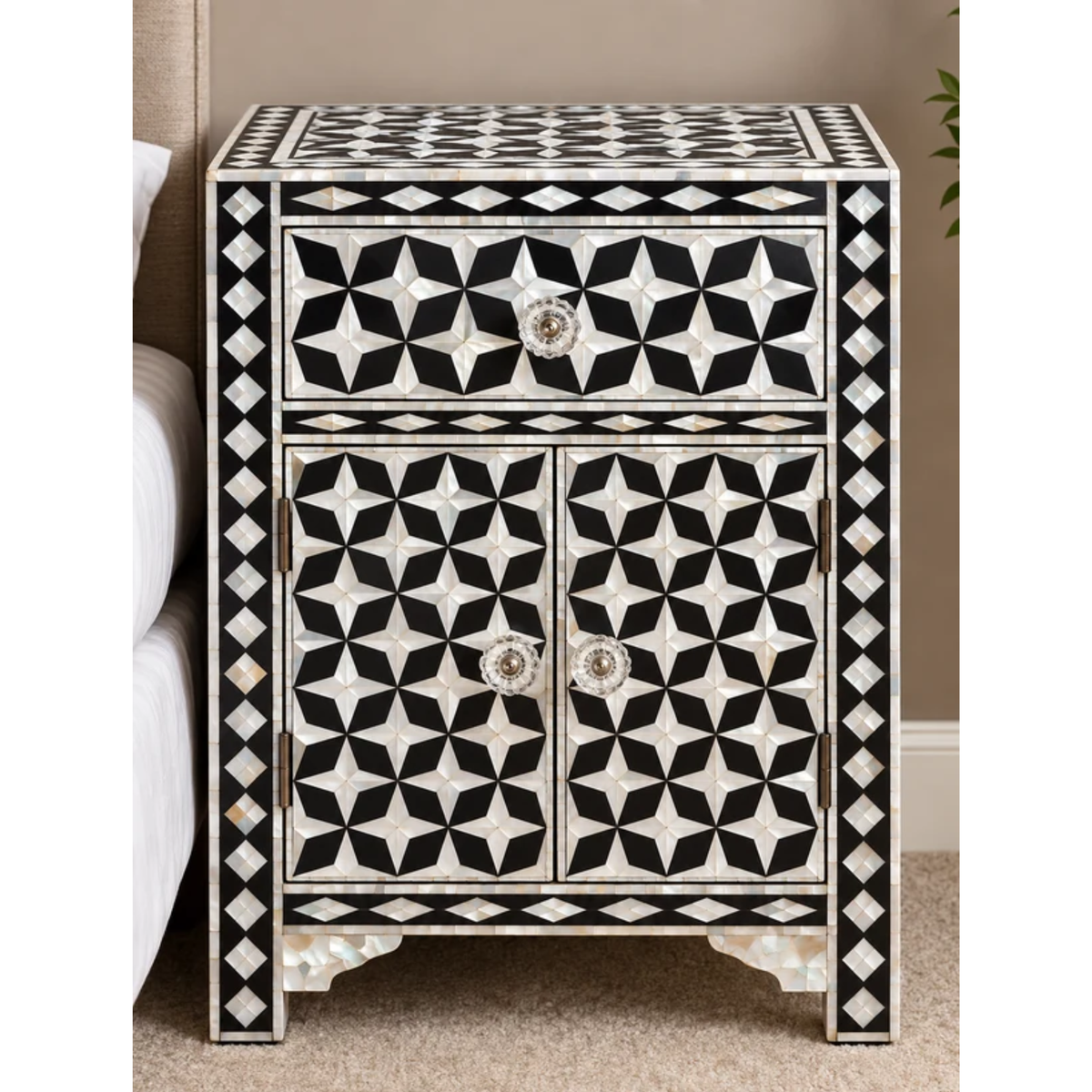 Black Mother of Pearl Bedside Cabinet – Handmade Geometric Inlay Nightstand with Drawer & 2 Doors
