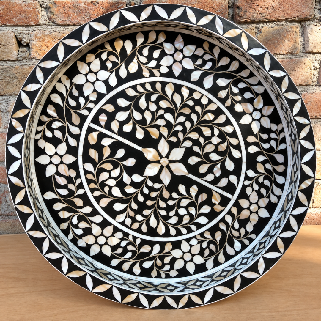 Black Mother of Pearl Inlay Round Serving Tray – Handmade Floral Decorative Tray