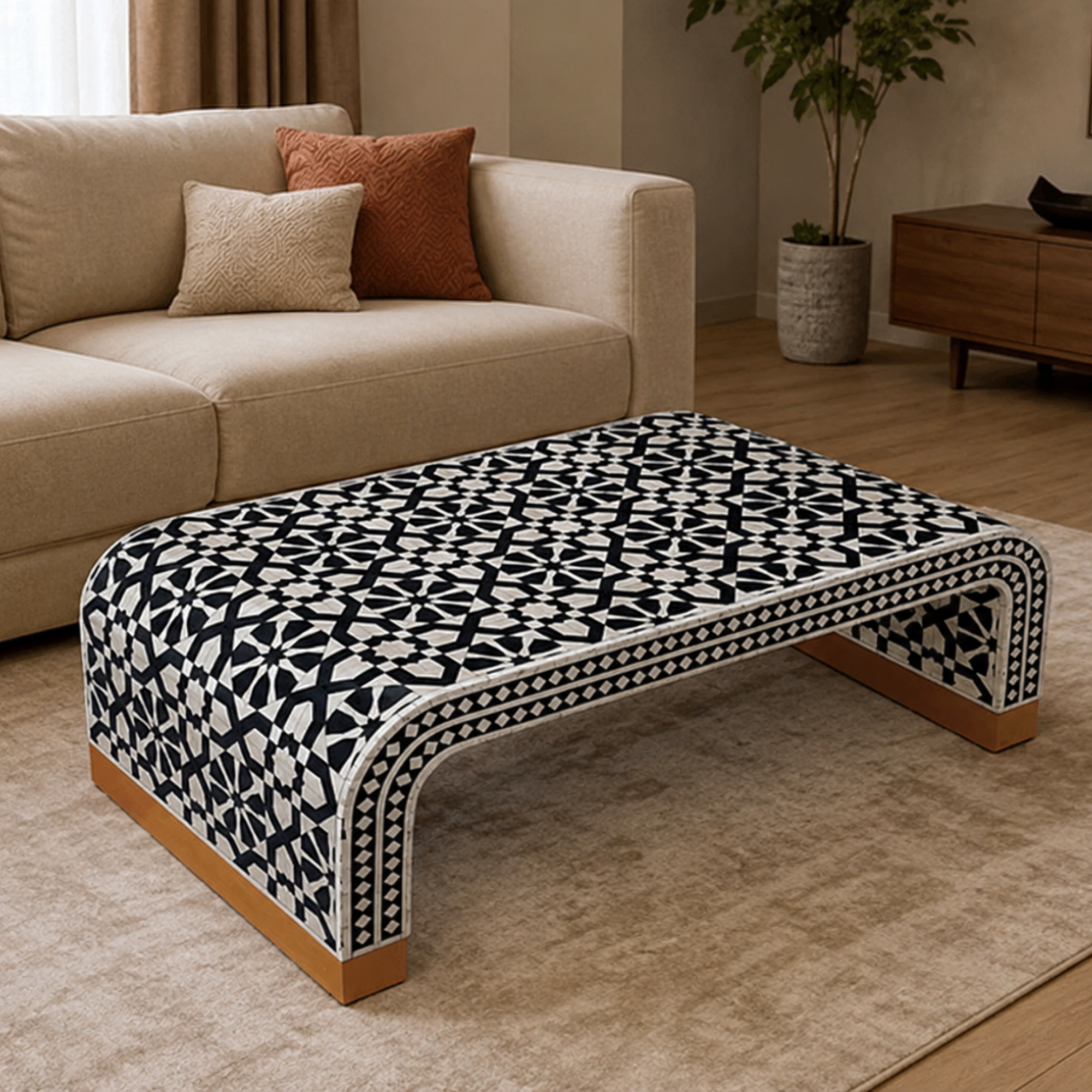 Handmade Black and White Bone Inlay Coffee Table | Waterfall Coffee Table